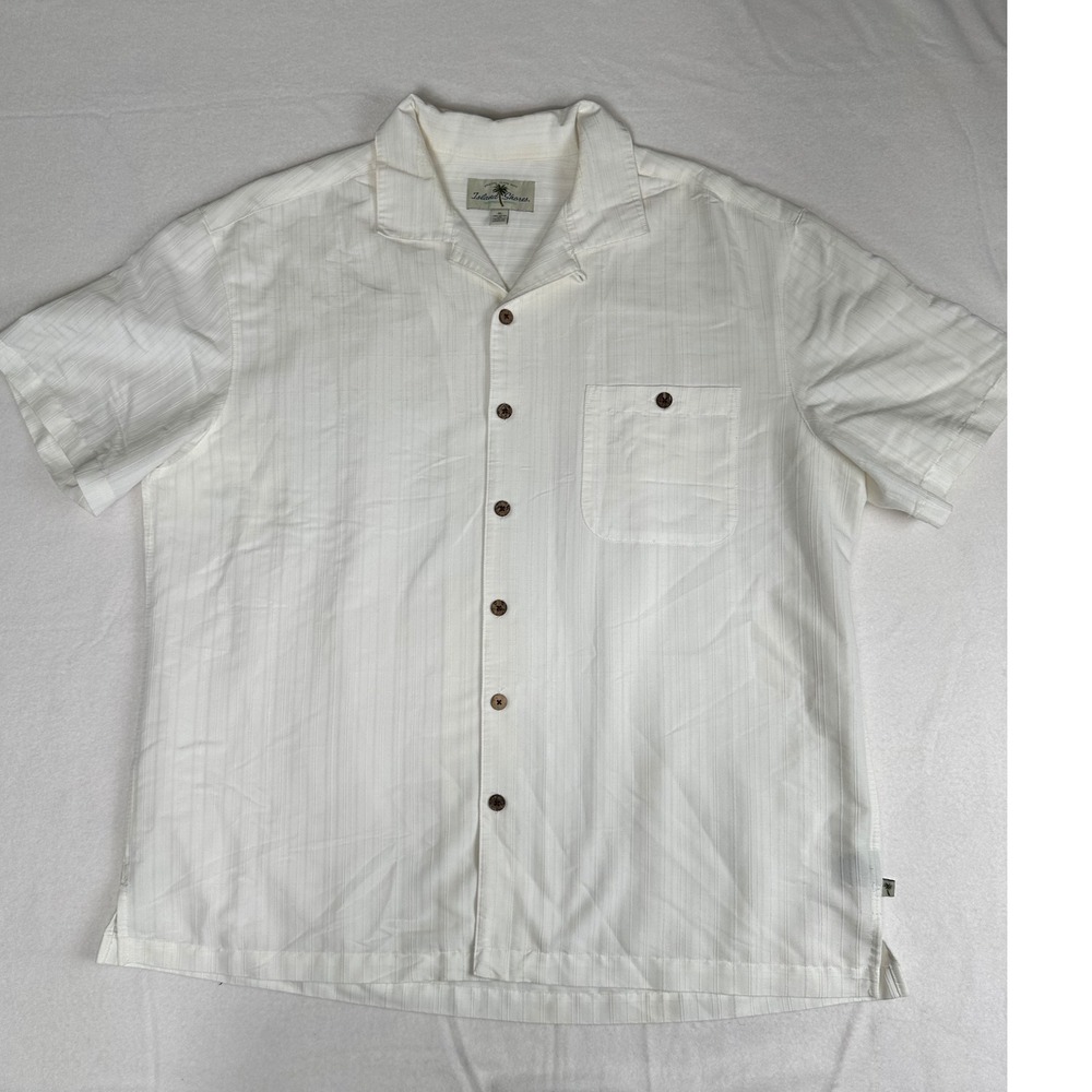 Island Shores Mens XL Cream Striped Short Sleeve Button Down Casual Shirt‎